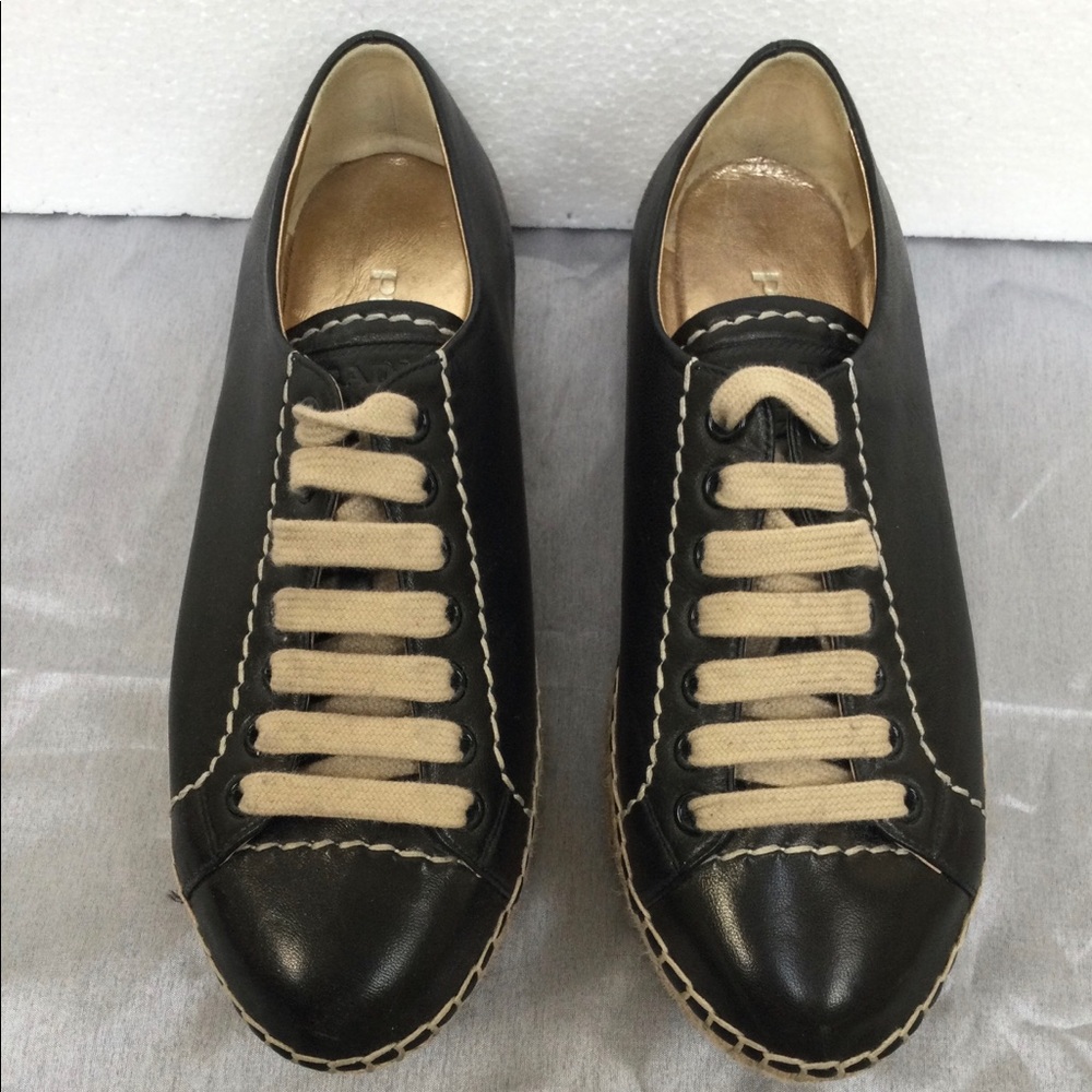 Prada black leather platform espadrille 2in wedge! - Picture 3 of 7